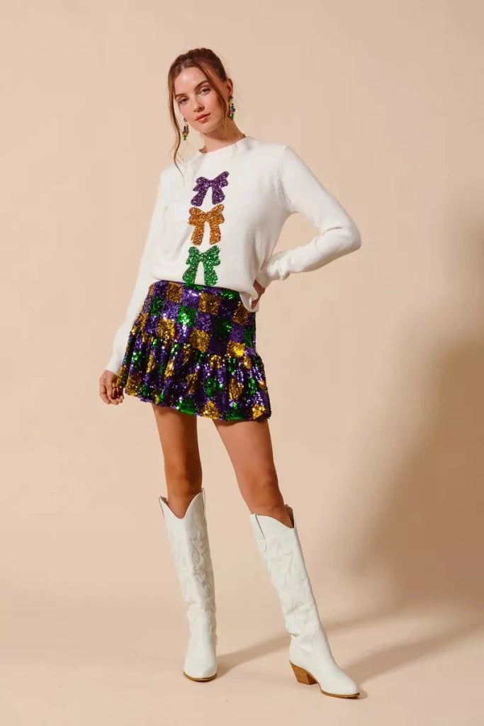 SO ME Mardi Gras Checker Sequins Mini Skirt - PURPLE/GOLD/GREEN by Trendsi from FREYA’S CLOSET