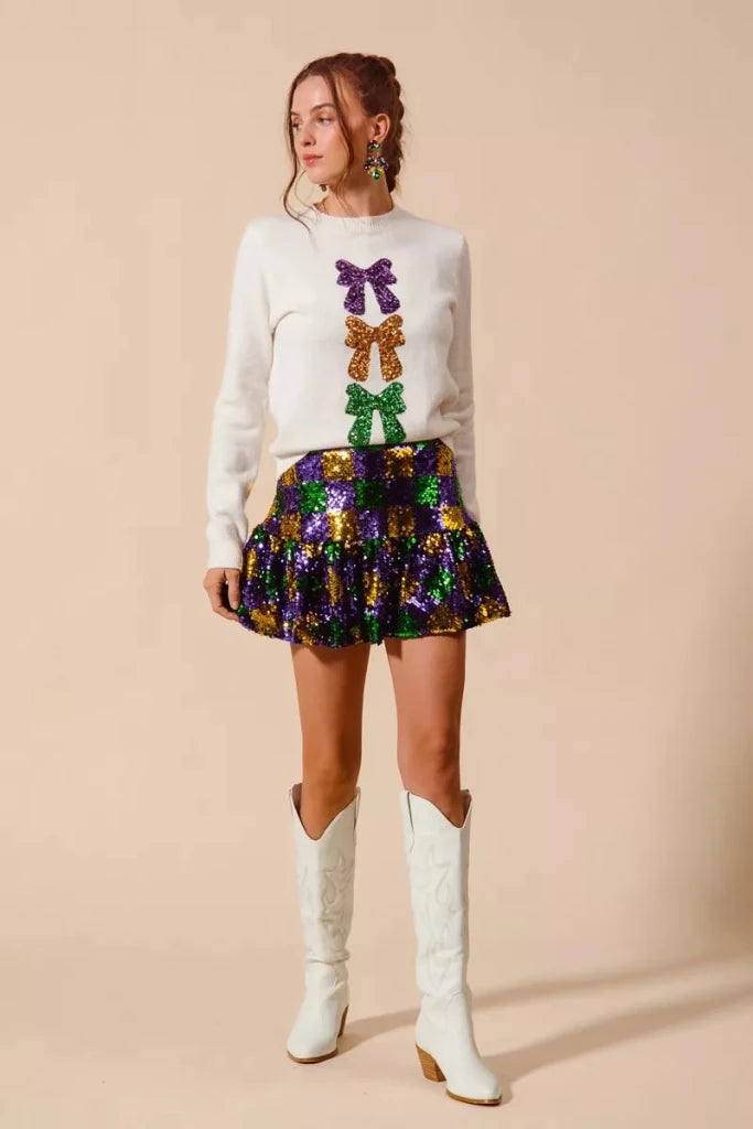 SO ME Mardi Gras Checker Sequins Mini Skirt - PURPLE/GOLD/GREEN by Trendsi from FREYA’S CLOSET