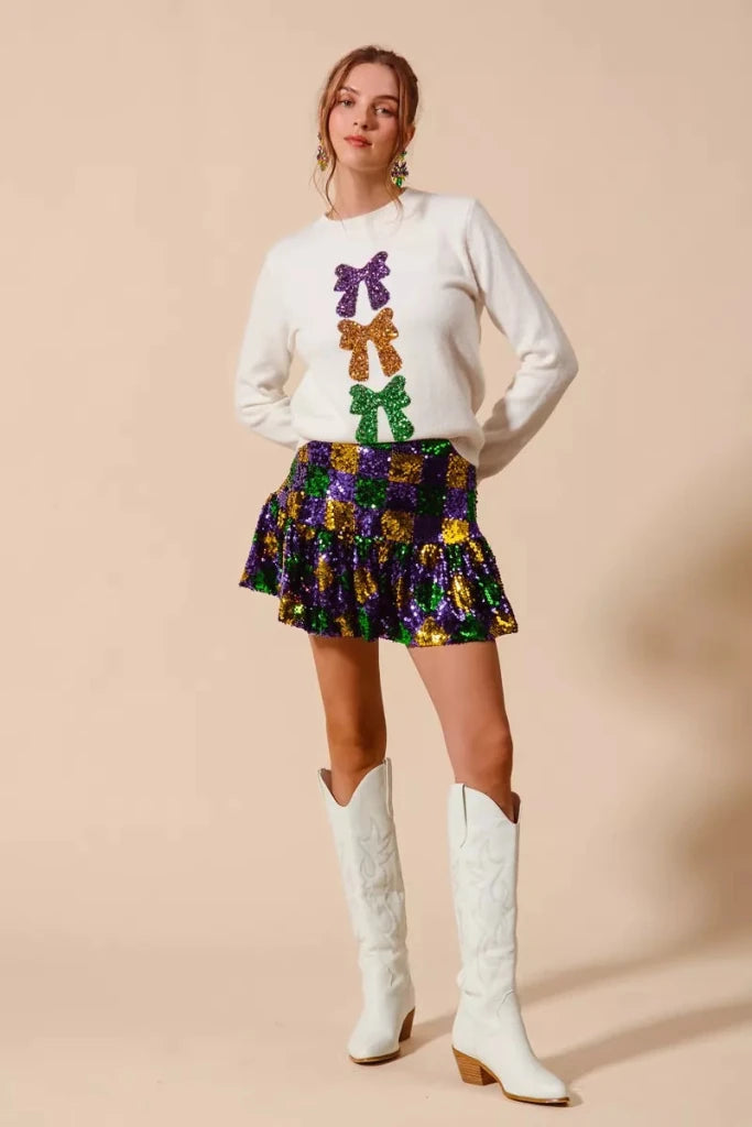 SO ME Mardi Gras Checker Sequins Mini Skirt - PURPLE/GOLD/GREEN by Trendsi from FREYA’S CLOSET