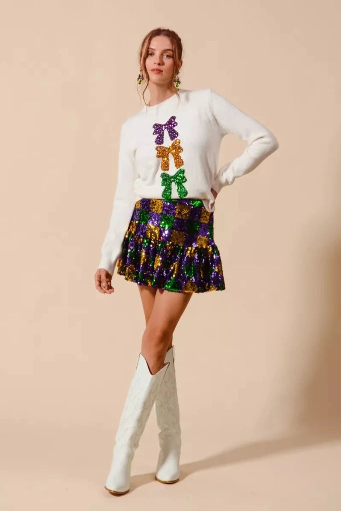 SO ME Mardi Gras Checker Sequins Mini Skirt - PURPLE/GOLD/GREEN by Trendsi from FREYA’S CLOSET