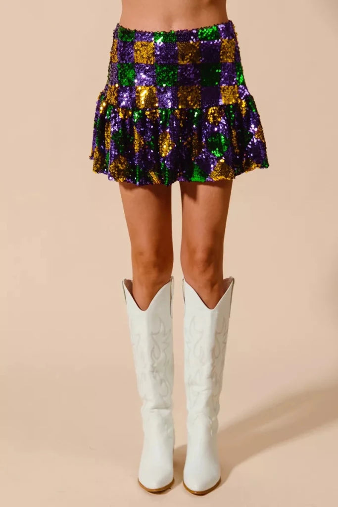 SO ME Mardi Gras Checker Sequins Mini Skirt - PURPLE/GOLD/GREEN by Trendsi from FREYA’S CLOSET
