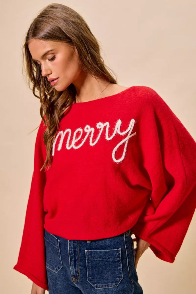 SO ME Merry Tinsel Lettering Christmas Sweater Top - RED/IVORY by Trendsi from FREYA’S CLOSET