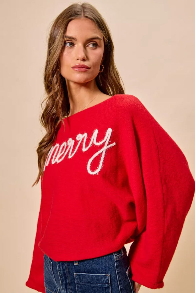 SO ME Merry Tinsel Lettering Christmas Sweater Top - RED/IVORY by Trendsi from FREYA’S CLOSET
