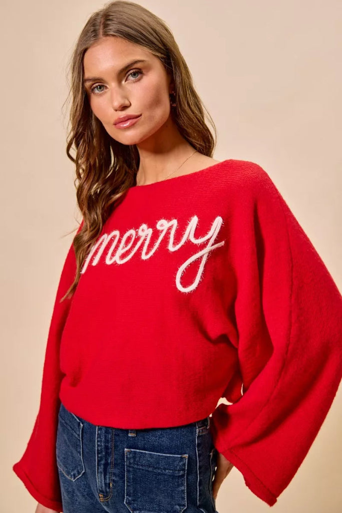 SO ME Merry Tinsel Lettering Christmas Sweater Top - RED/IVORY by Trendsi from FREYA’S CLOSET