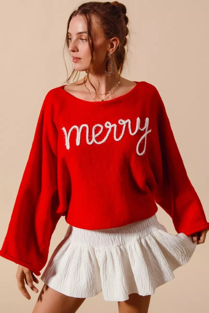 SO ME Merry Tinsel Lettering Christmas Sweater Top - RED/IVORY by Trendsi from FREYA’S CLOSET