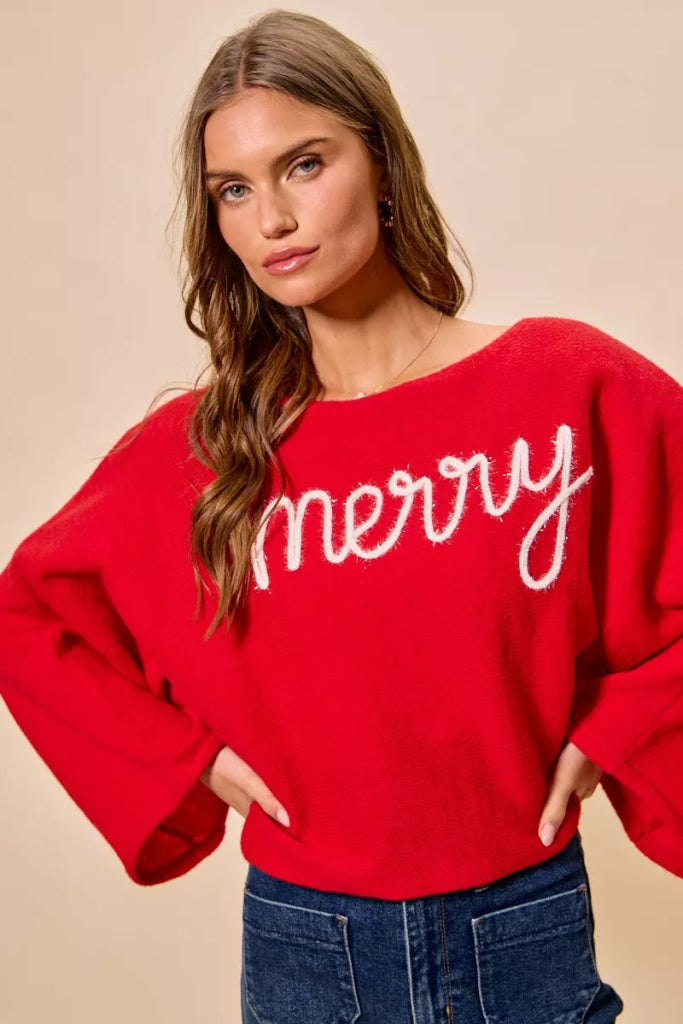 SO ME Merry Tinsel Lettering Christmas Sweater Top - RED/IVORY by Trendsi from FREYA’S CLOSET