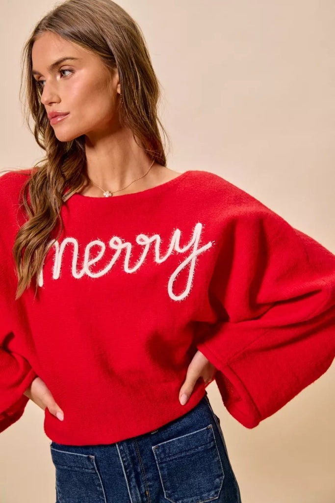 SO ME Merry Tinsel Lettering Christmas Sweater Top - RED/IVORY by Trendsi from FREYA’S CLOSET