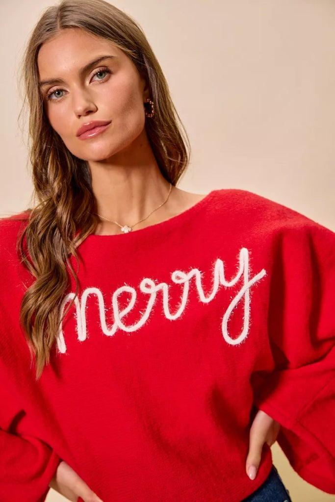 SO ME Merry Tinsel Lettering Christmas Sweater Top - RED/IVORY by Trendsi from FREYA’S CLOSET