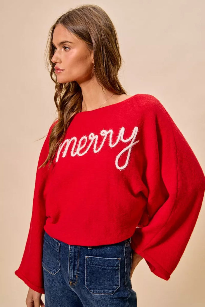 SO ME Merry Tinsel Lettering Christmas Sweater Top - RED/IVORY by Trendsi from FREYA’S CLOSET
