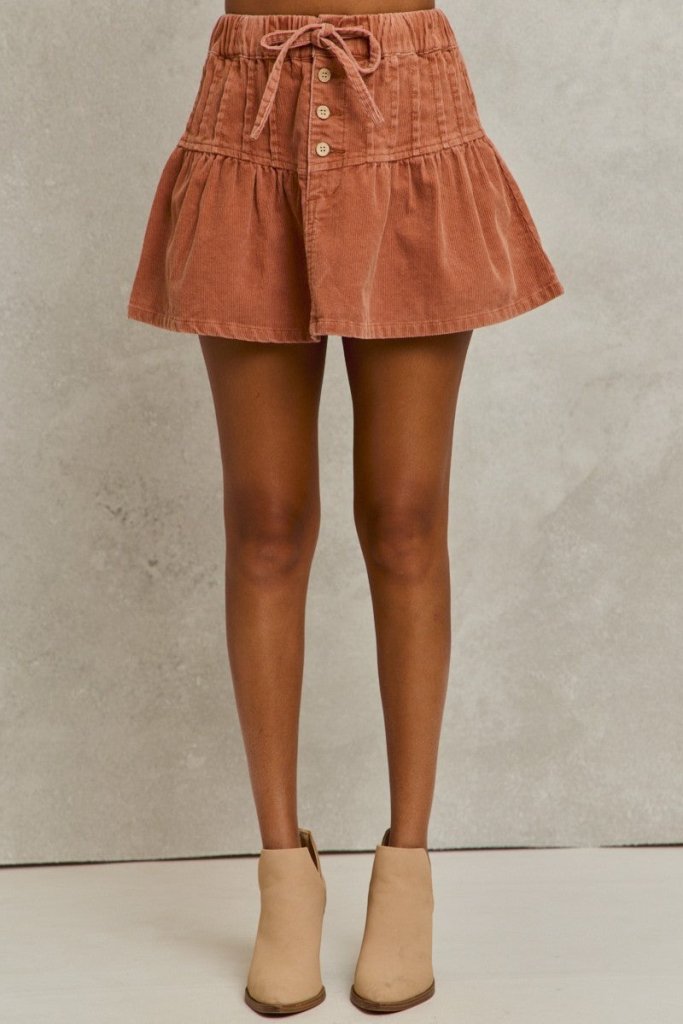 SO ME Mineral Wash Pintucked Corduroy Mini Flared Skirt - RUST by Trendsi from FREYA’S CLOSET