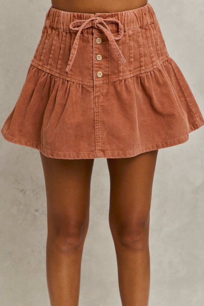 SO ME Mineral Wash Pintucked Corduroy Mini Flared Skirt - RUST by Trendsi from FREYA’S CLOSET