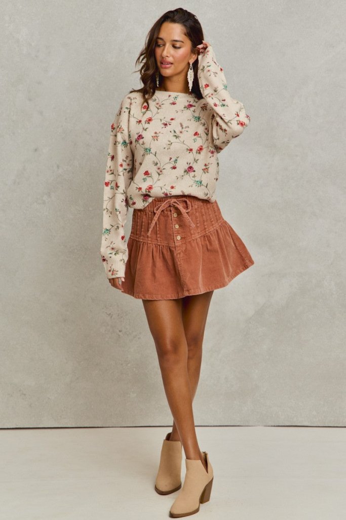 SO ME Mineral Wash Pintucked Corduroy Mini Flared Skirt - RUST by Trendsi from FREYA’S CLOSET