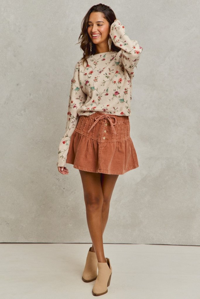 SO ME Mineral Wash Pintucked Corduroy Mini Flared Skirt - RUST by Trendsi from FREYA’S CLOSET