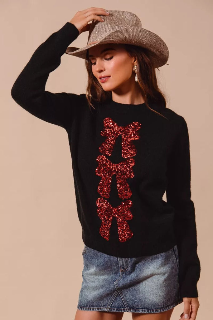 SO ME Sequins Bow Ribbon Embellished Christmas Sweater - BLACK/RED by Trendsi from FREYA’S CLOSET