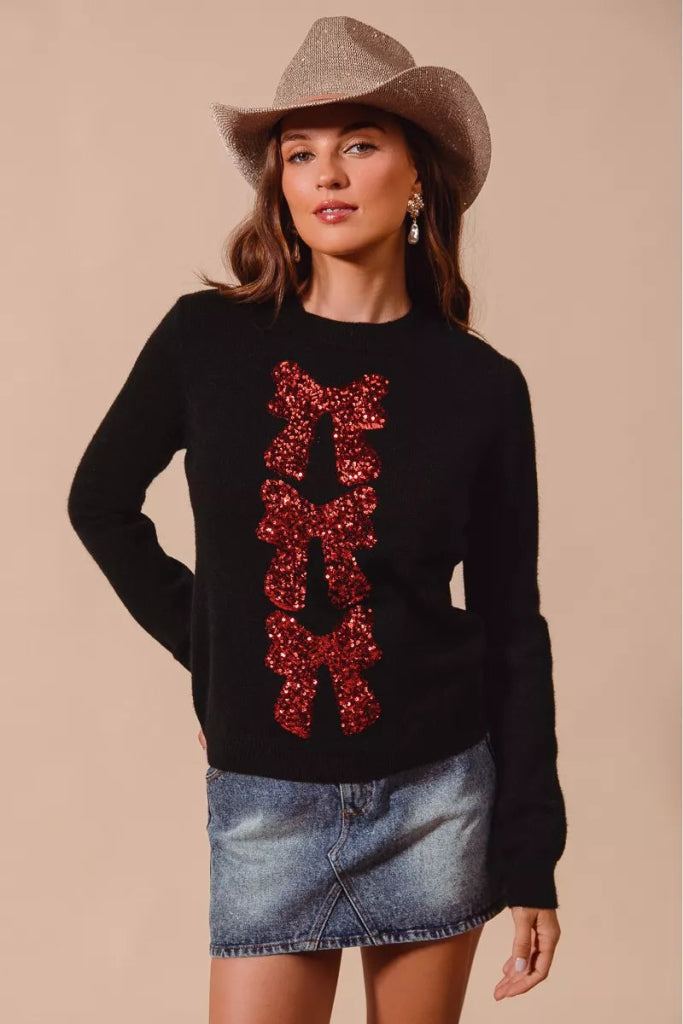 SO ME Sequins Bow Ribbon Embellished Christmas Sweater - BLACK/RED by Trendsi from FREYA’S CLOSET