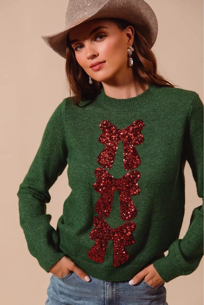 SO ME Sequins Bow Ribbon Embellished Christmas Sweater - HUNTER/RED by Trendsi from FREYA’S CLOSET