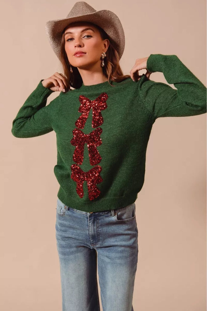 SO ME Sequins Bow Ribbon Embellished Christmas Sweater - HUNTER/RED by Trendsi from FREYA’S CLOSET