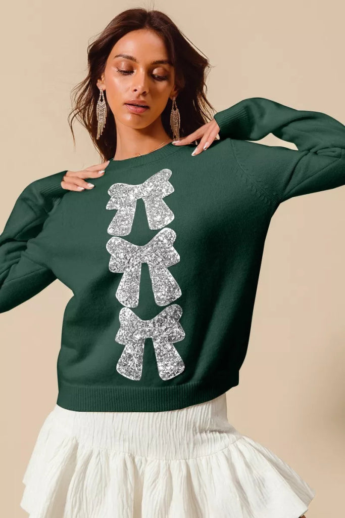 SO ME Sequins Bow Ribbon Embellished Christmas Sweater - HUNTER/SILVER by Trendsi from FREYA’S CLOSET