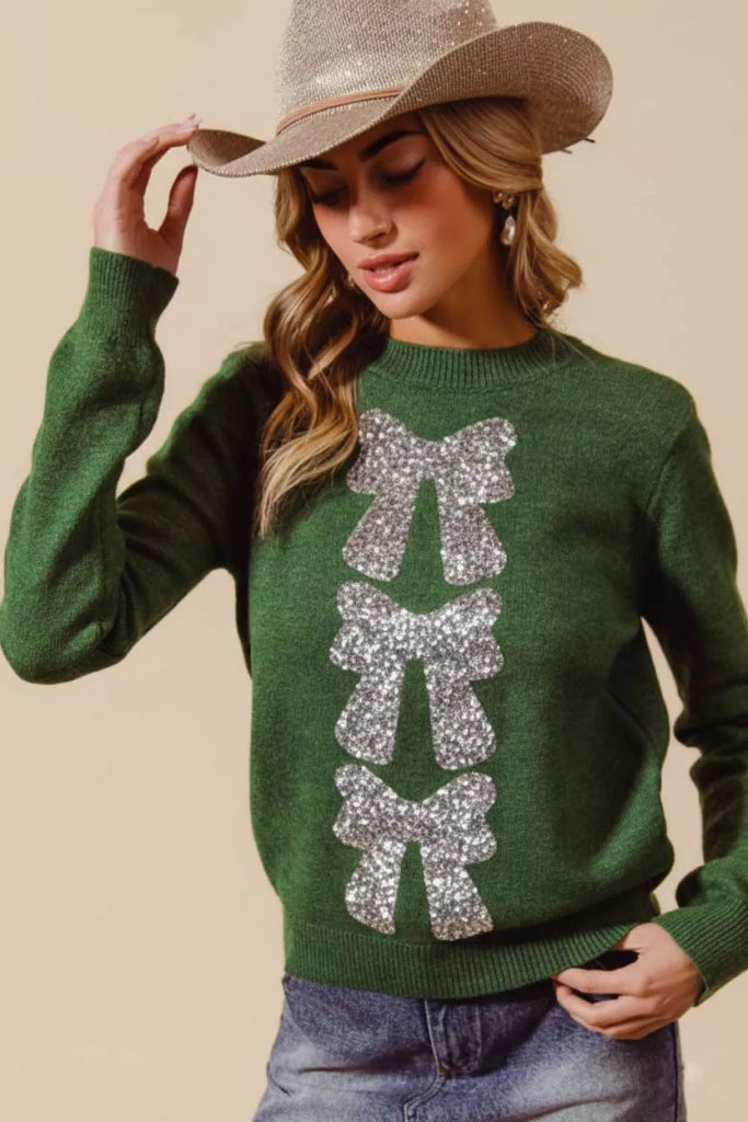 SO ME Sequins Bow Ribbon Embellished Christmas Sweater - HUNTER/SILVER by Trendsi from FREYA’S CLOSET