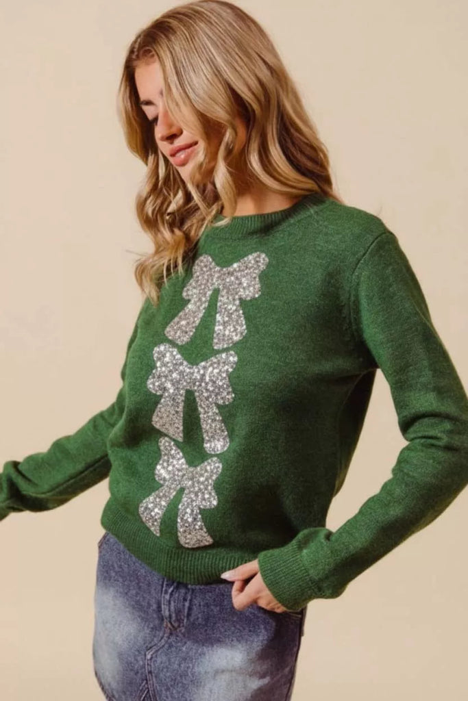 SO ME Sequins Bow Ribbon Embellished Christmas Sweater - HUNTER/SILVER by Trendsi from FREYA’S CLOSET