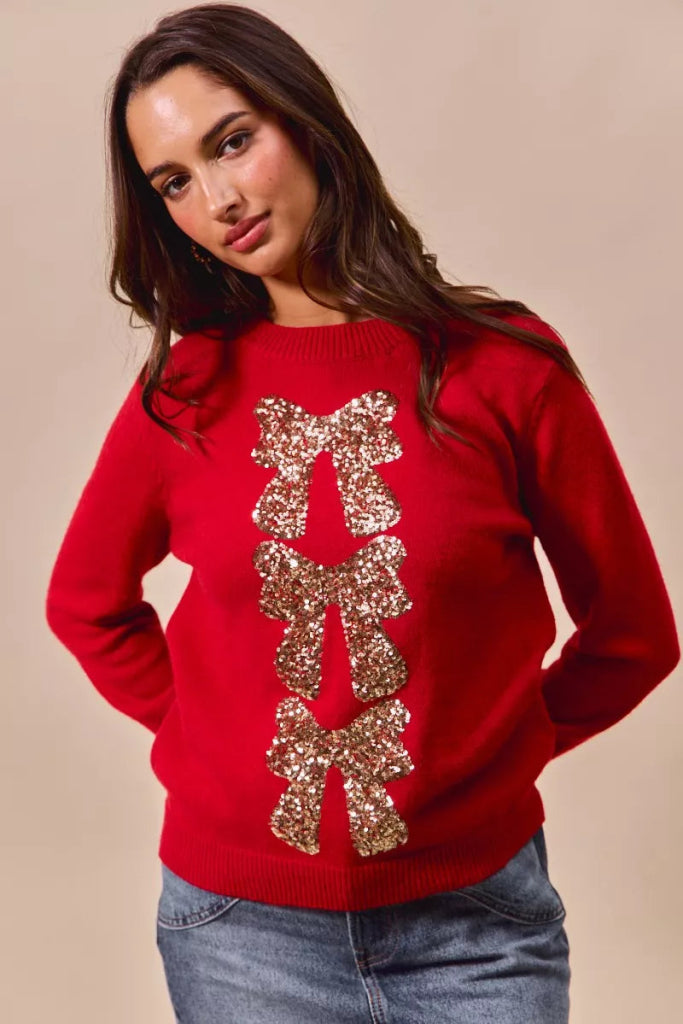 SO ME Sequins Bow Ribbon Embellished Christmas Sweater - RED/GOLD by Trendsi from FREYA’S CLOSET