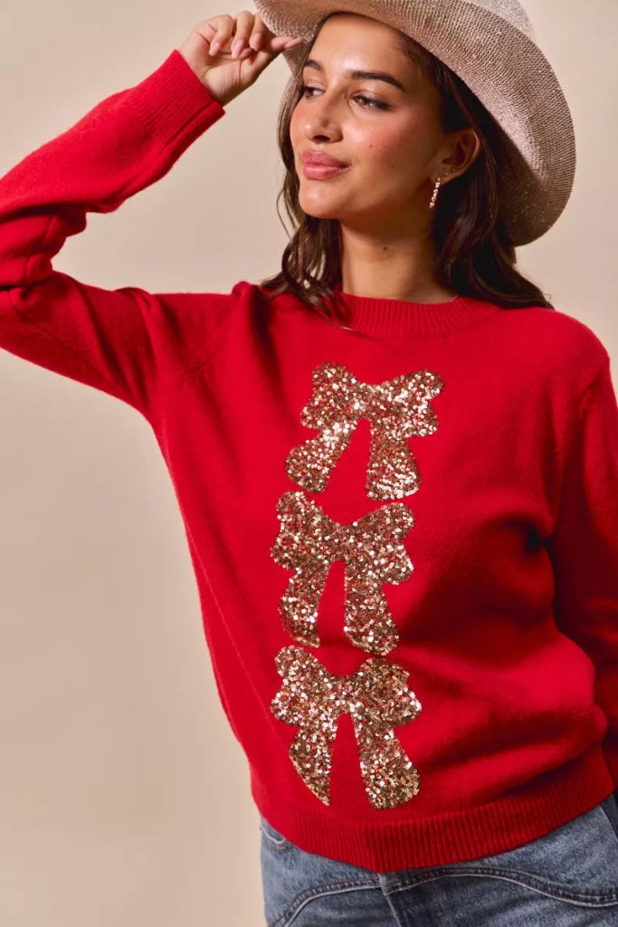 SO ME Sequins Bow Ribbon Embellished Christmas Sweater - RED/GOLD by Trendsi from FREYA’S CLOSET