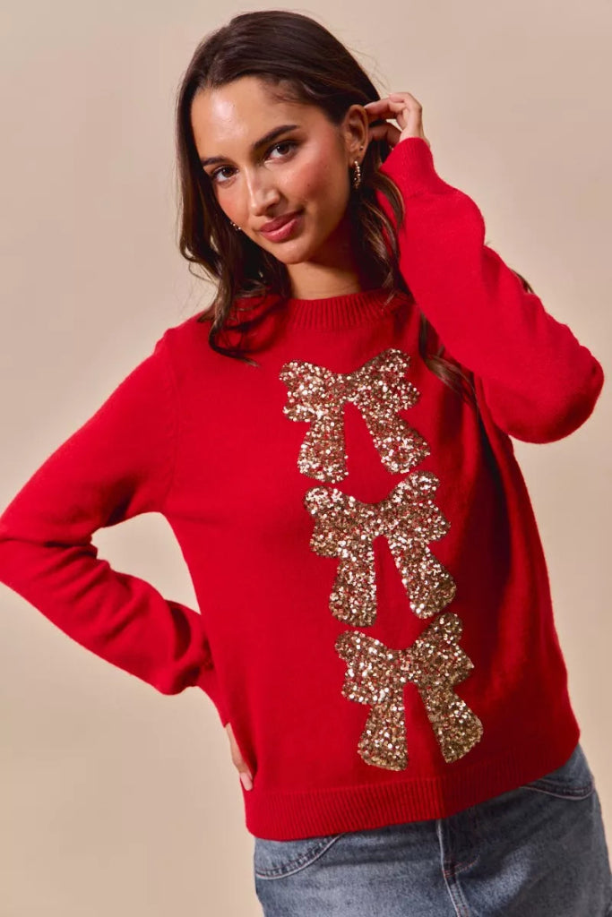 SO ME Sequins Bow Ribbon Embellished Christmas Sweater - RED/GOLD by Trendsi from FREYA’S CLOSET