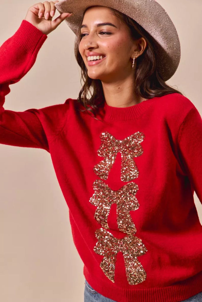 SO ME Sequins Bow Ribbon Embellished Christmas Sweater - RED/GOLD by Trendsi from FREYA’S CLOSET