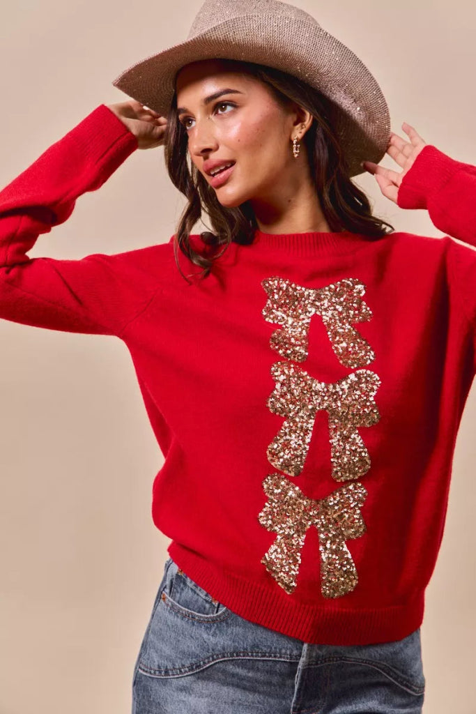 SO ME Sequins Bow Ribbon Embellished Christmas Sweater - RED/GOLD by Trendsi from FREYA’S CLOSET