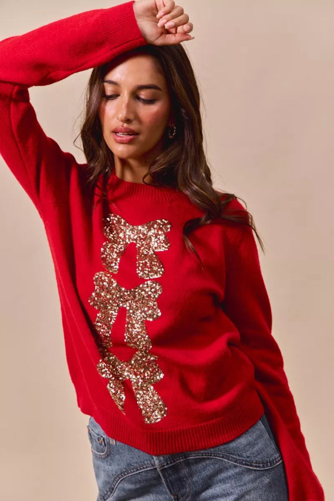 SO ME Sequins Bow Ribbon Embellished Christmas Sweater - RED/GOLD by Trendsi from FREYA’S CLOSET