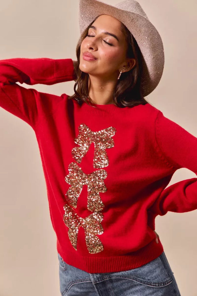 SO ME Sequins Bow Ribbon Embellished Christmas Sweater - RED/GOLD by Trendsi from FREYA’S CLOSET