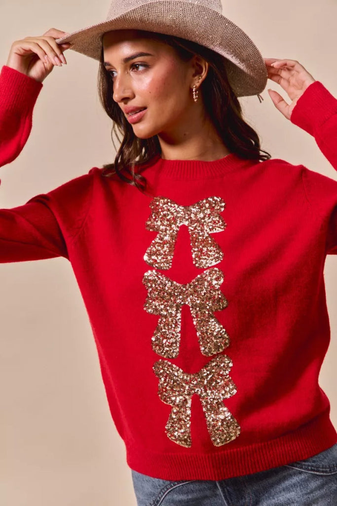 SO ME Sequins Bow Ribbon Embellished Christmas Sweater - RED/GOLD by Trendsi from FREYA’S CLOSET