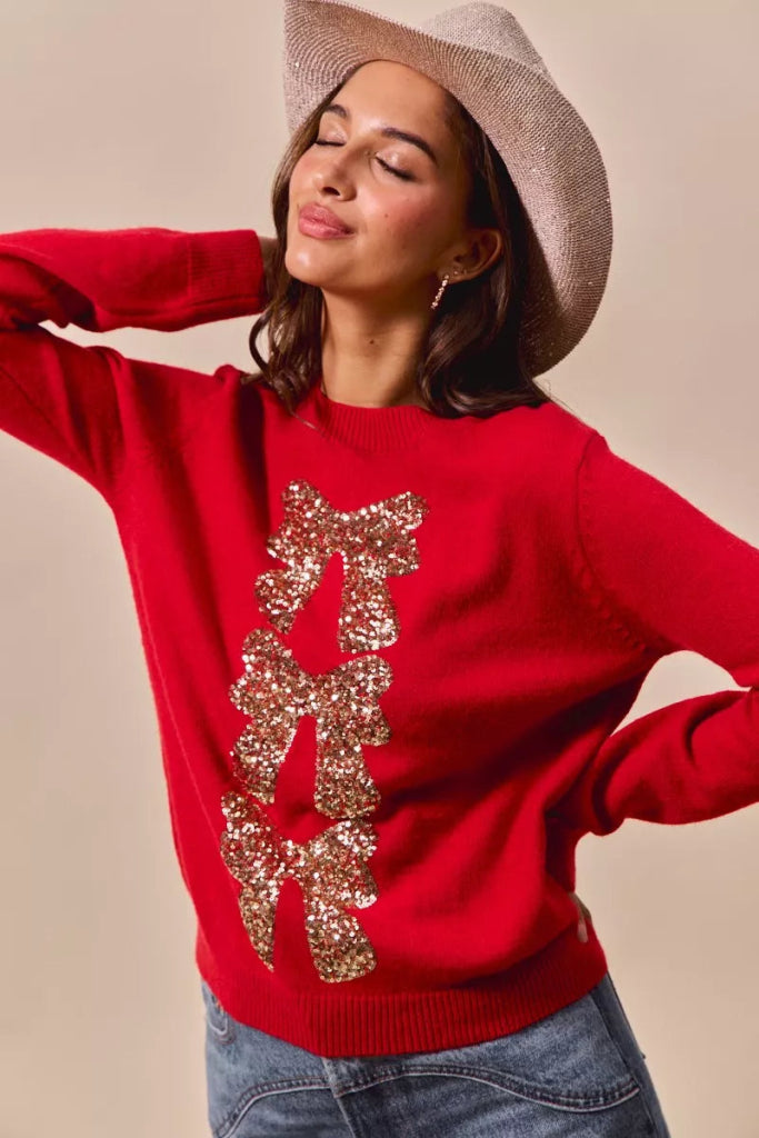 SO ME Sequins Bow Ribbon Embellished Christmas Sweater - RED/GOLD by Trendsi from FREYA’S CLOSET