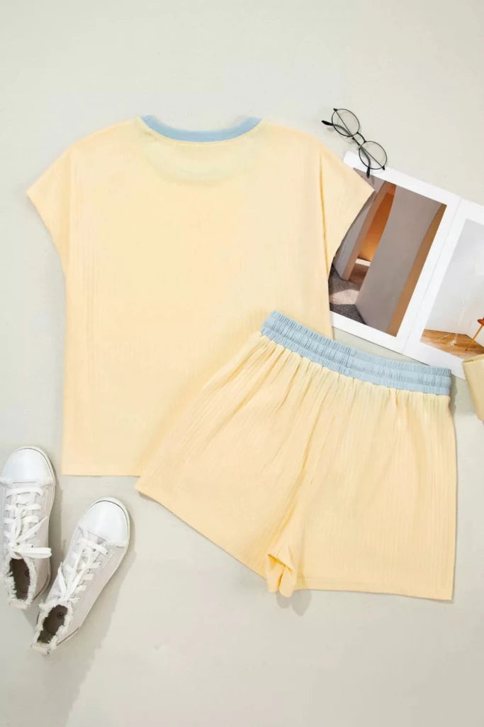 Soft ribbed color-block trim casual short set, alternate product image