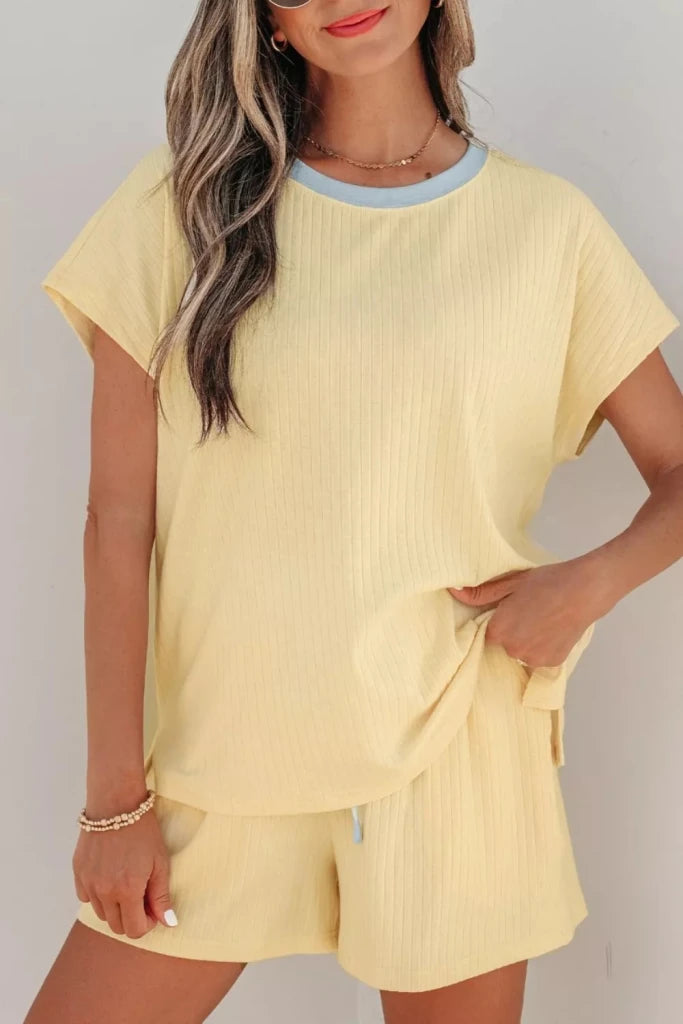 Soft ribbed color-block trim casual short set, alternate product image