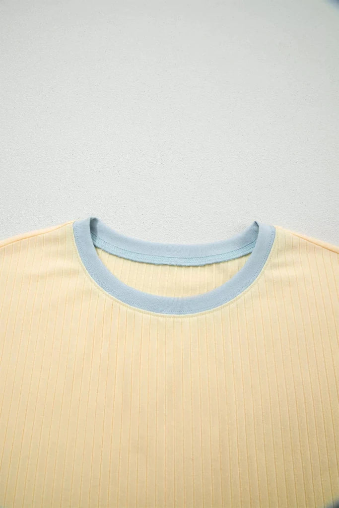Soft ribbed color-block trim casual short set, alternate product image