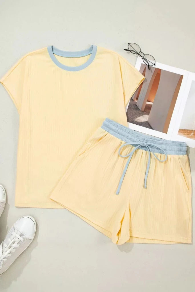 Soft ribbed color-block trim casual short set, alternate product image