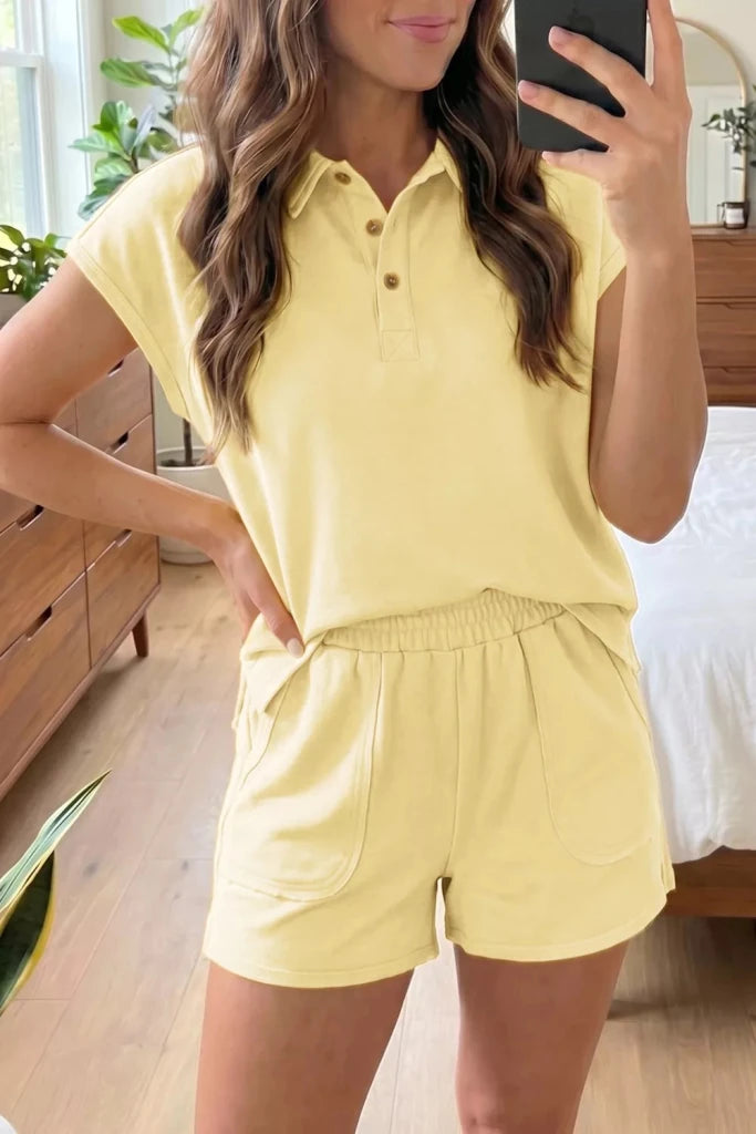 Solid color polo tee and elastic-waist shorts lounge set