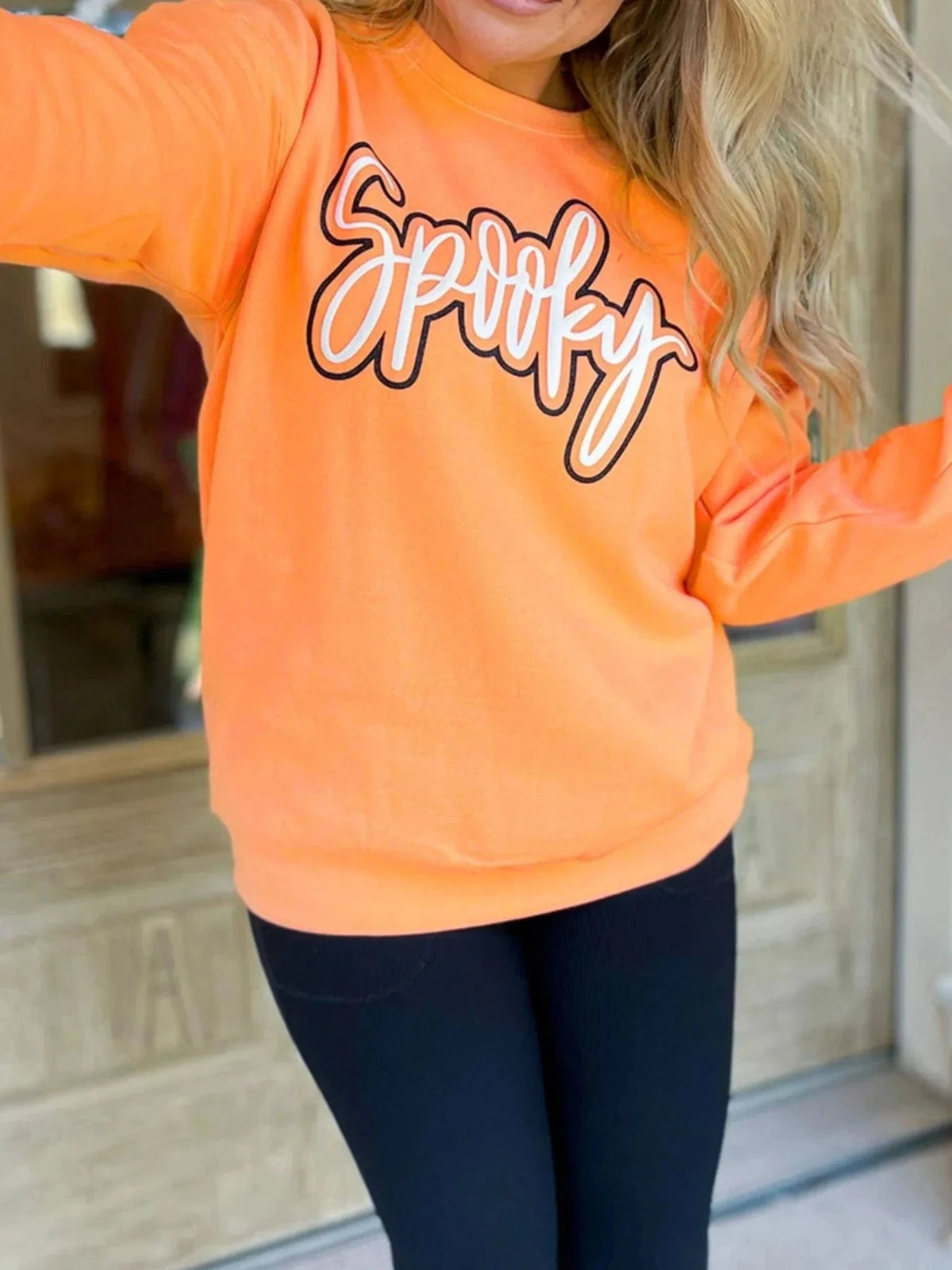 Trendsi Tangerine / S Spooky Round Neck Long Sleeve Sweatshirt