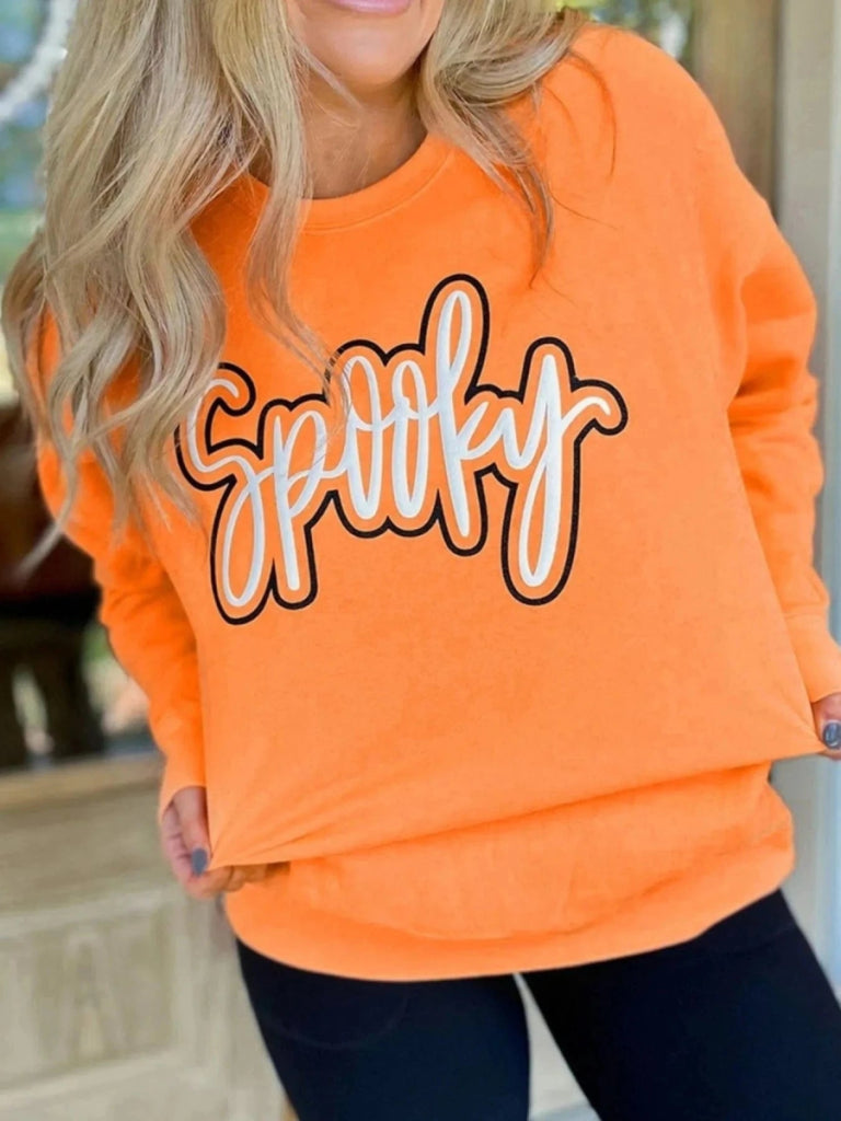 Spooky Round Neck Long Sleeve Sweatshirt - Tangerine by Trendsi from FREYA’S CLOSET