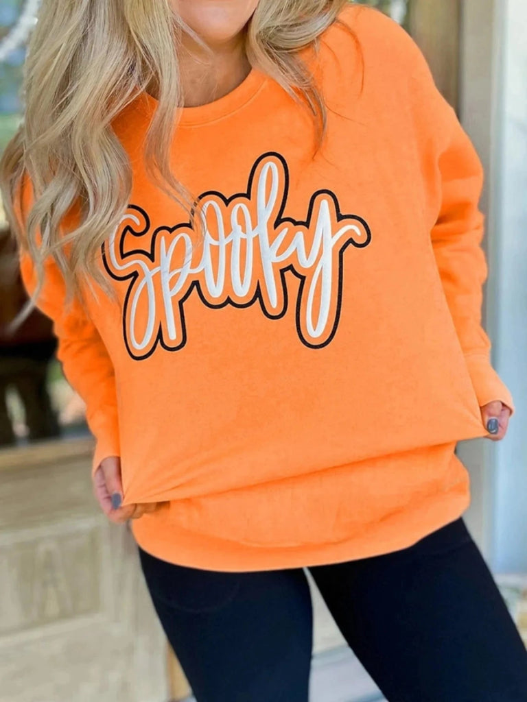 Spooky Round Neck Long Sleeve Sweatshirt - Tangerine by Trendsi from FREYA’S CLOSET