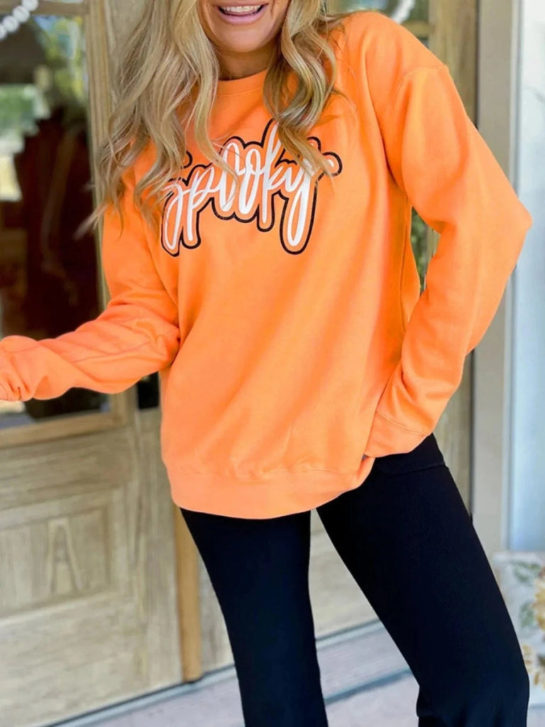 Spooky Round Neck Long Sleeve Sweatshirt - Tangerine by Trendsi from FREYA’S CLOSET