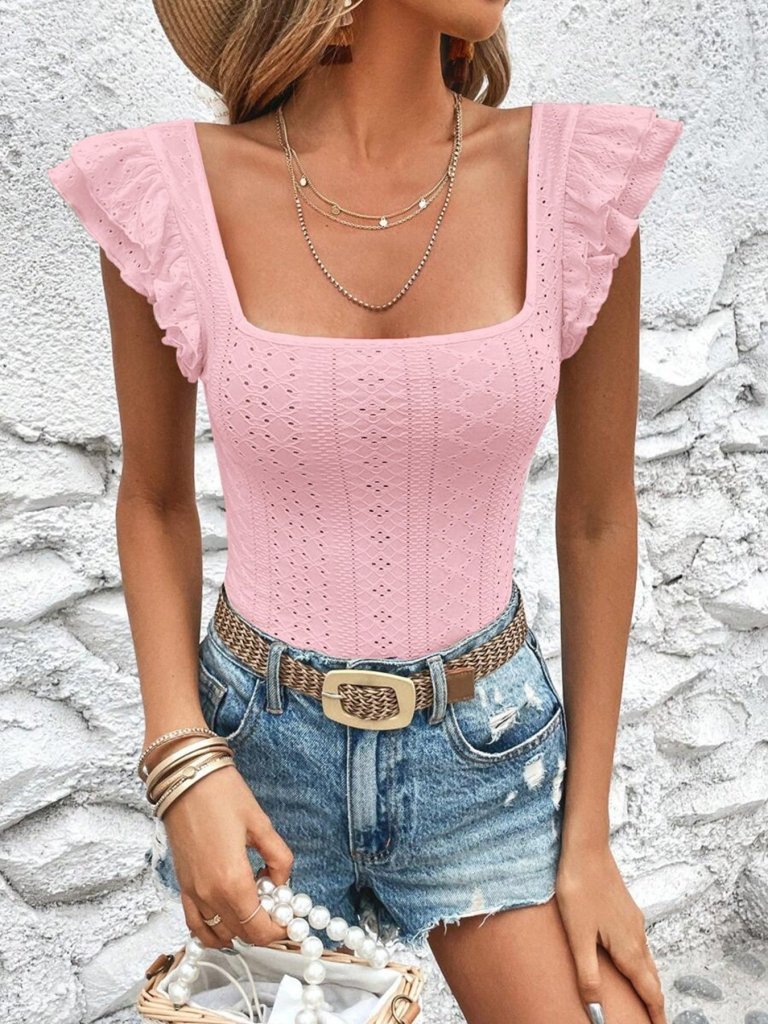 Square Neck Ruffle Sleeve Top - White by Trendsi from FREYA’S CLOSET