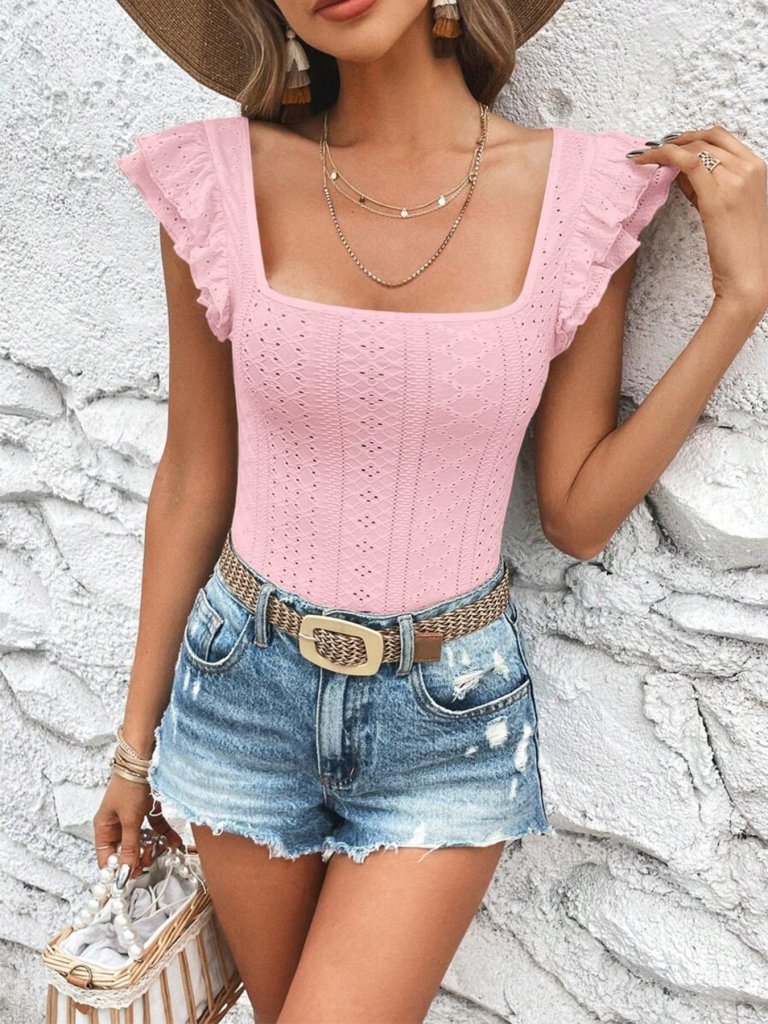 Square Neck Ruffle Sleeve Top - White by Trendsi from FREYA’S CLOSET