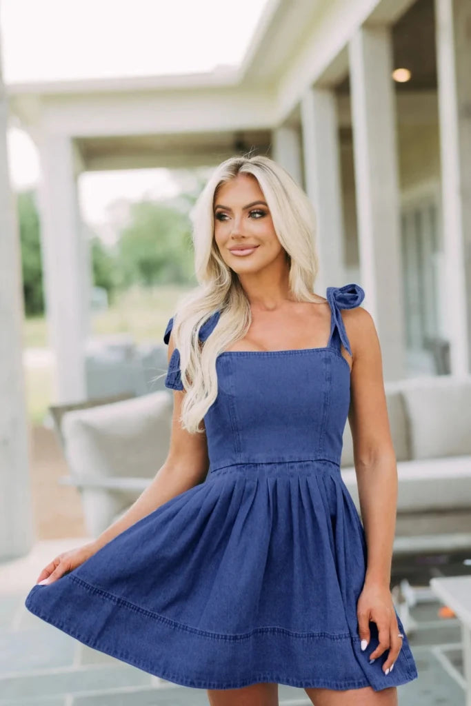 Square Neck Tie Shoulder Denim Dress - Dark Blue by Trendsi from FREYA’S CLOSET