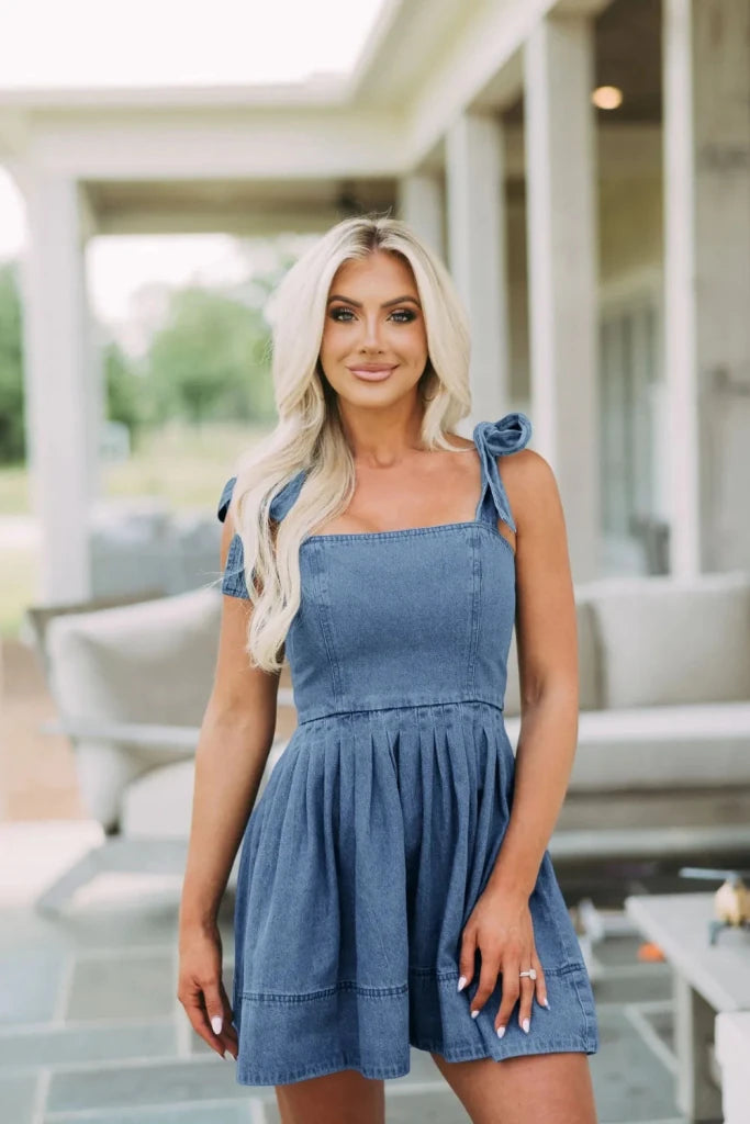 Square Neck Tie Shoulder Denim Dress - Dusty Blue by Trendsi from FREYA’S CLOSET