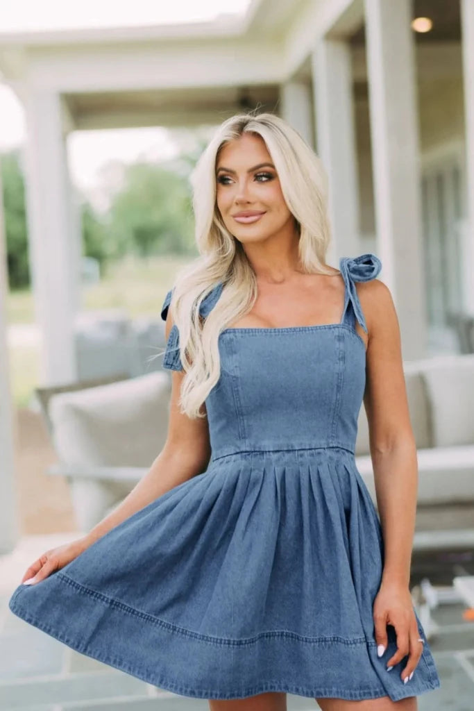 Square Neck Tie Shoulder Denim Dress - Dusty Blue by Trendsi from FREYA’S CLOSET