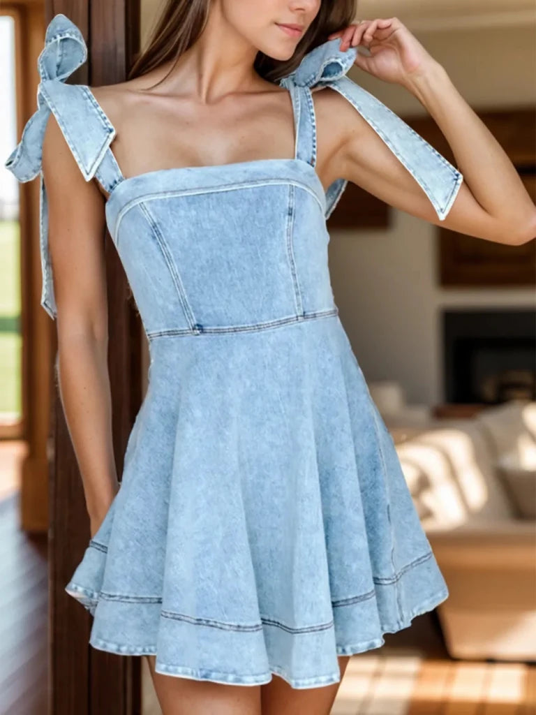 Square Neck Tie Shoulder Denim Dress - Light Blue by Trendsi from FREYA’S CLOSET