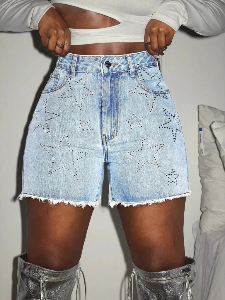 Star Raw Hem Denim Shorts - Blue by Trendsi from FREYA’S CLOSET