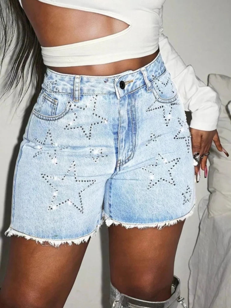 Star Raw Hem Denim Shorts - Blue by Trendsi from FREYA’S CLOSET